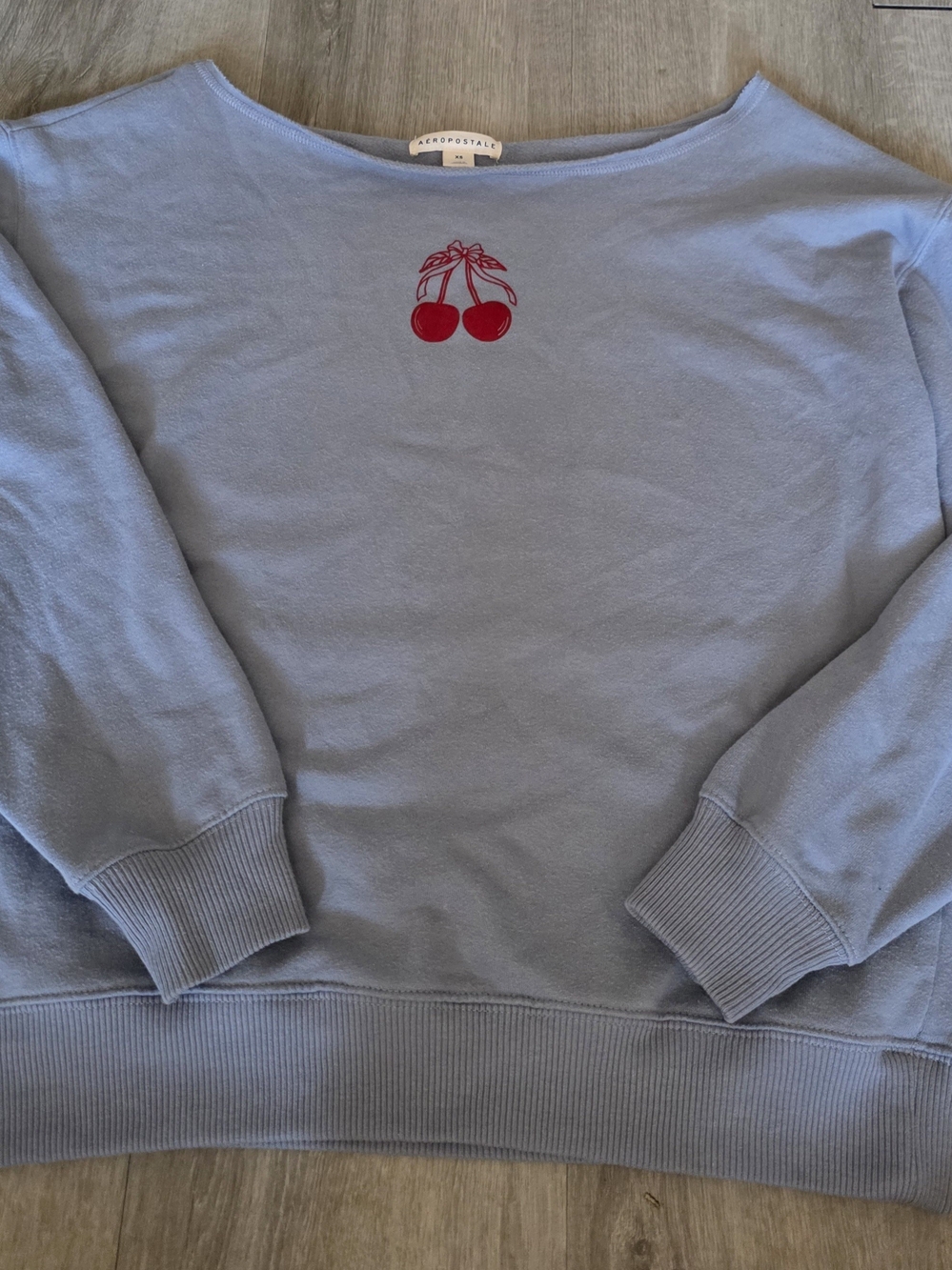 Aeropostale Light Blue Scoop Neck Sweater with Red Cherry Graphic - XS